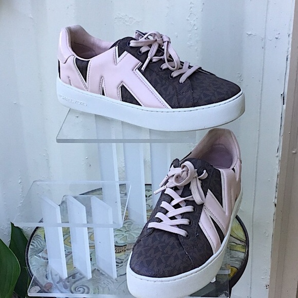 Michael Kors Poppy Lace-up MK Blush Pink /Brown Logo Signature Print Sneakers